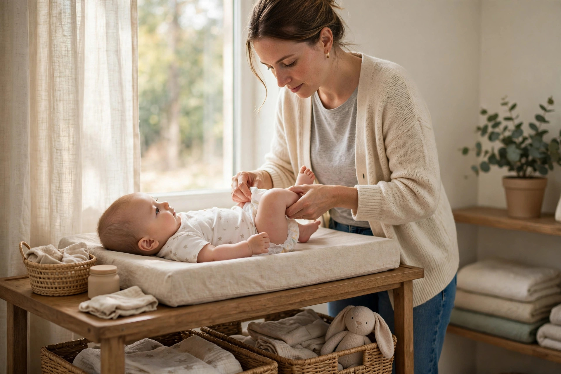 Parent changing a baby's diaper on a changing table