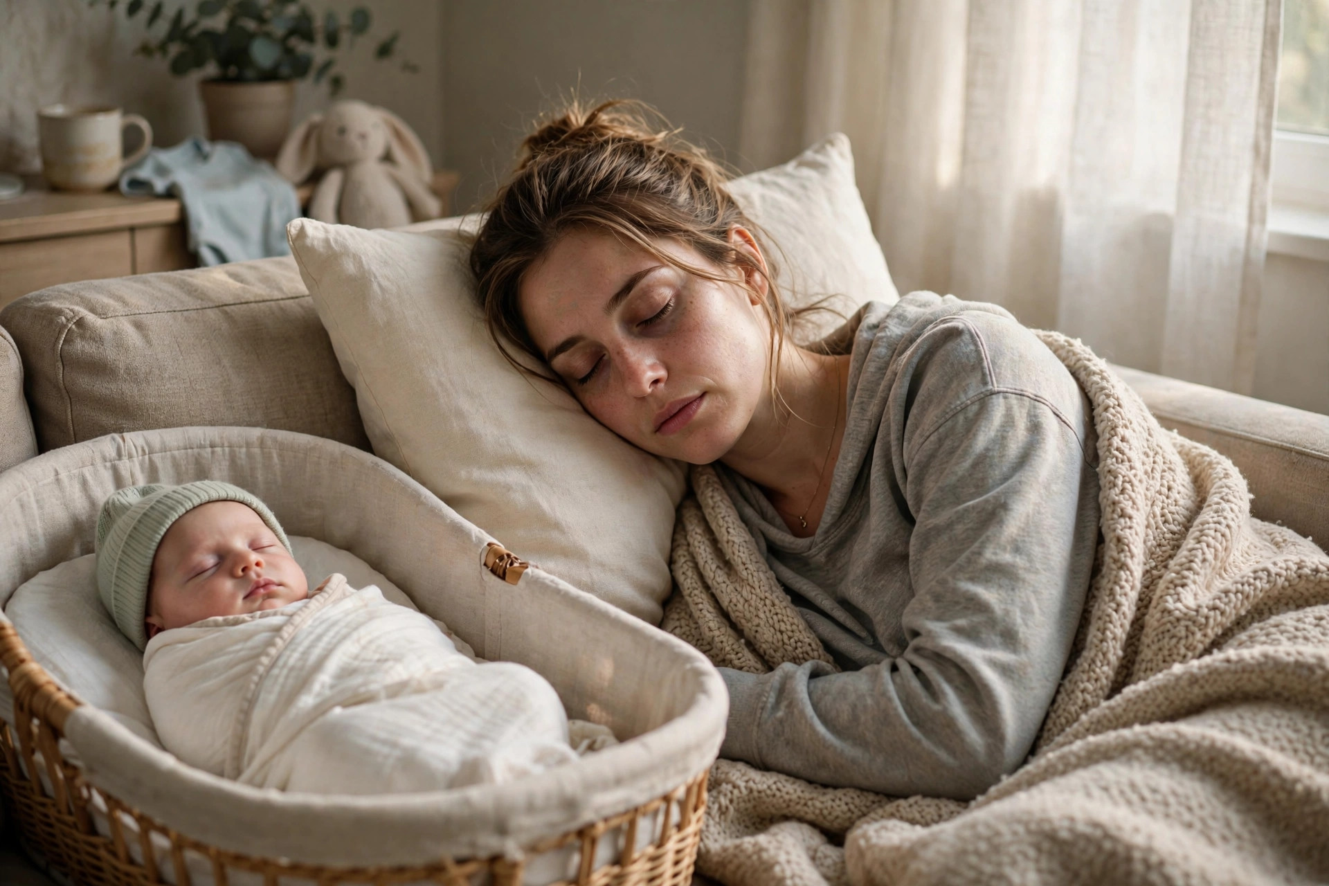 Tired new mother resting while baby sleeps nearby