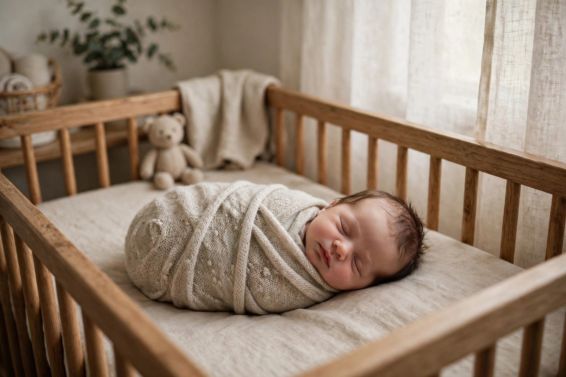 Newborn baby sleeping swaddled in a crib