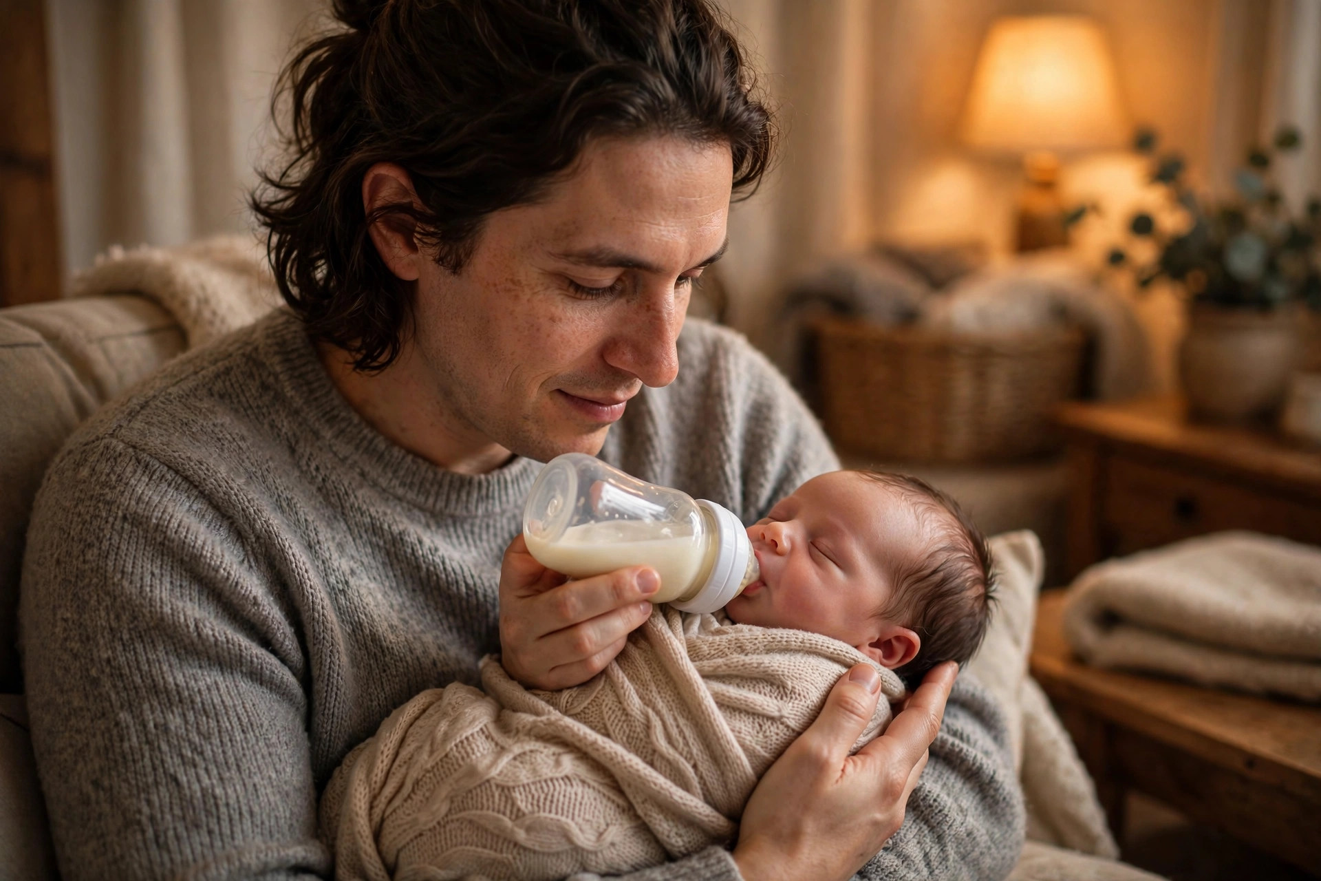 Parent bottle-feeding a newborn