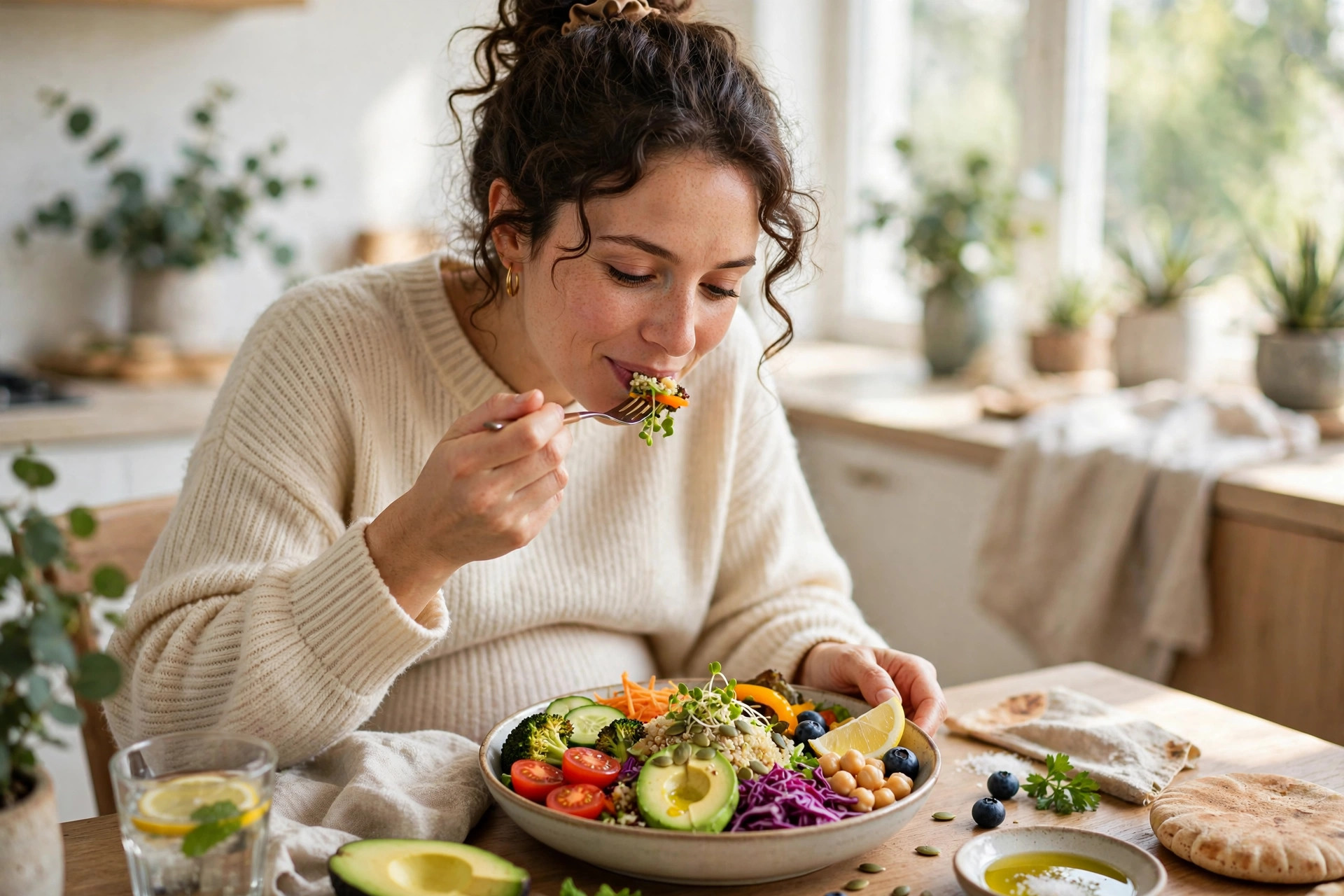 Pregnant woman eating a colorful healthy meal