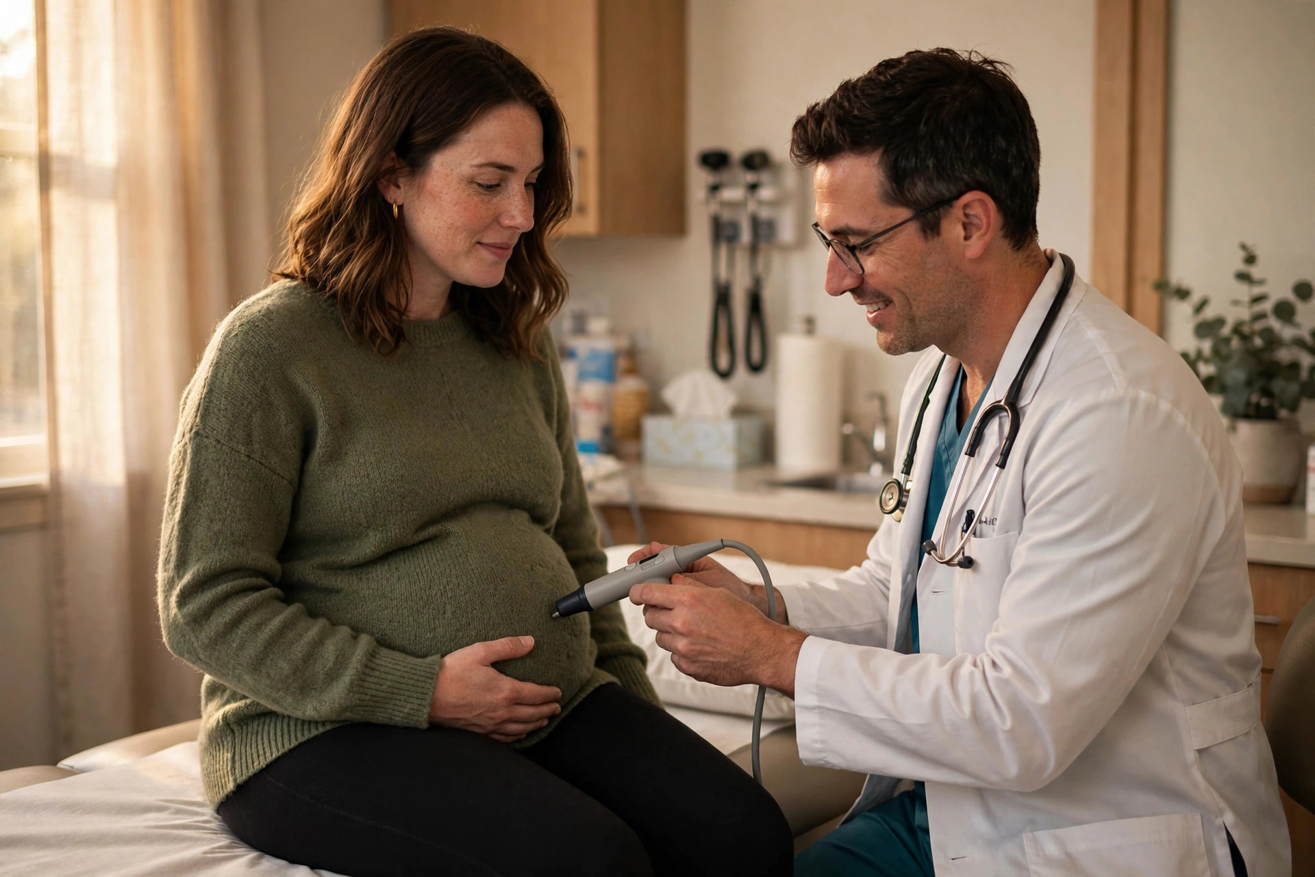 Pregnant woman at a prenatal checkup with doctor