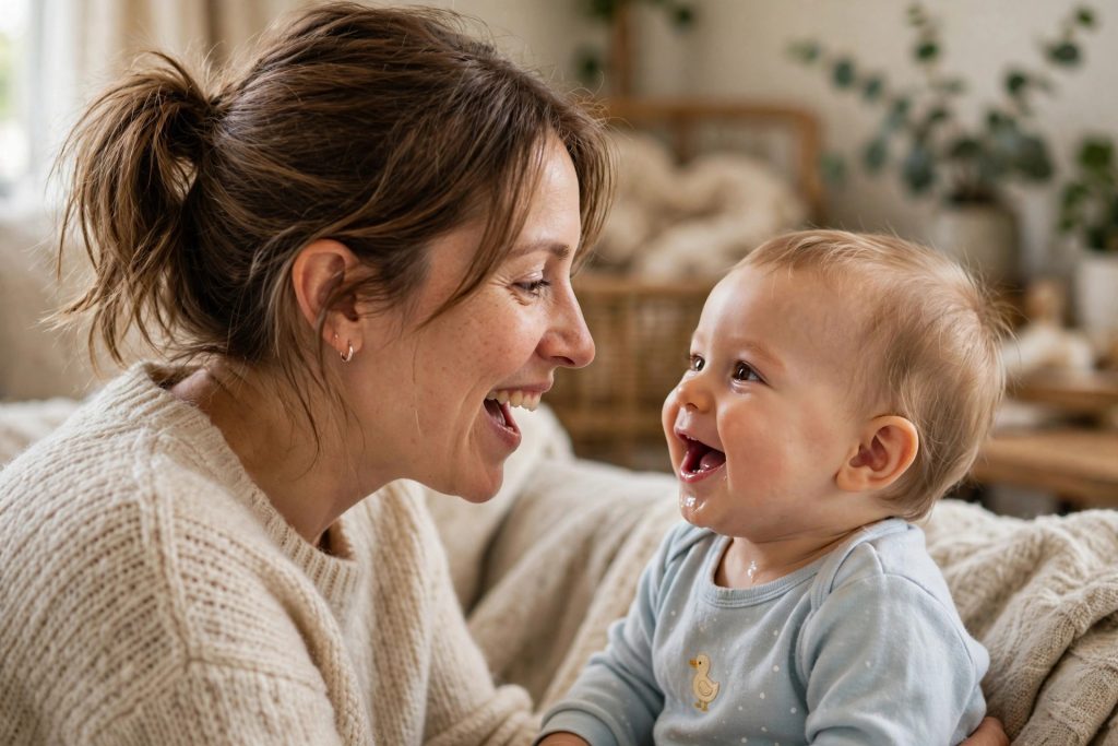 Mother encouraging baby language milestones through face-to-face talk
