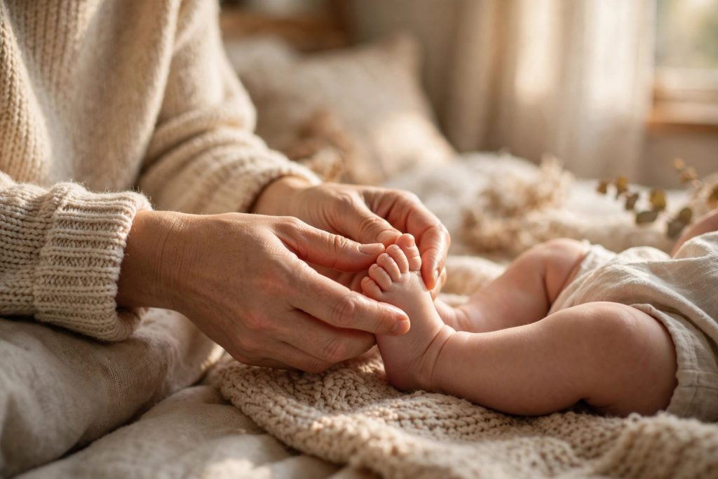 Parent gently massaging a baby's tiny feet during a calming baby massage