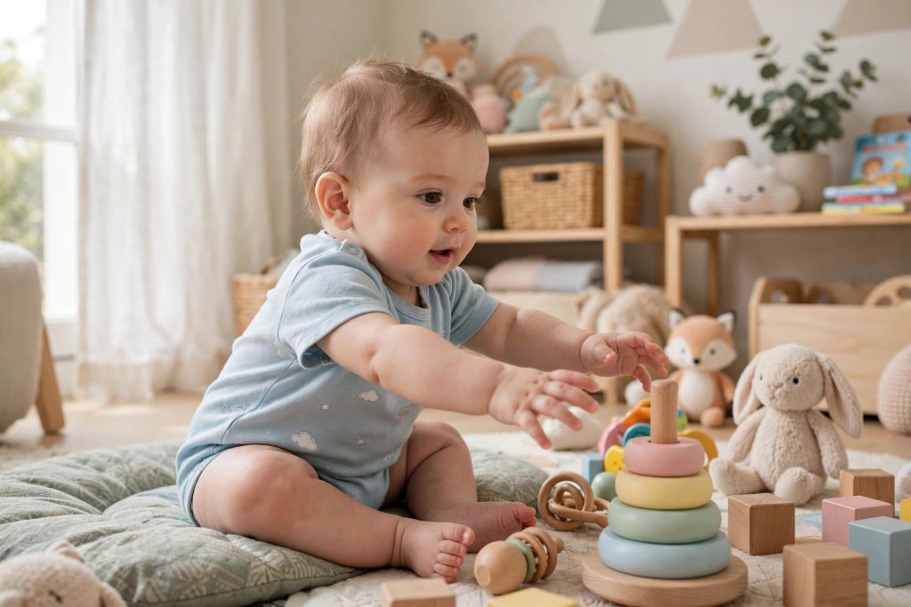 Six-month-old baby reaching for toys on a play mat during baby milestones by month