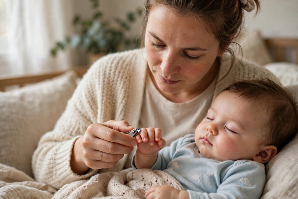 Parent carefully trimming a sleeping baby's tiny fingernails