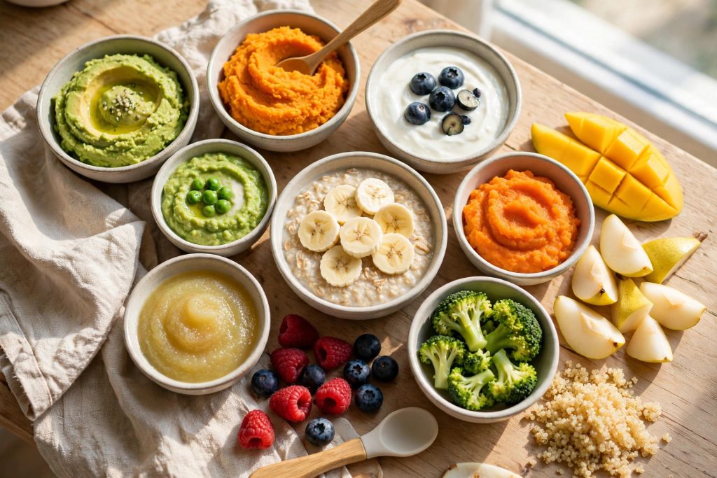 Nutritious first foods for baby arranged on a table