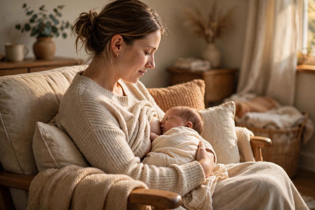 Mother breastfeeding her newborn in a comfortable nursing position