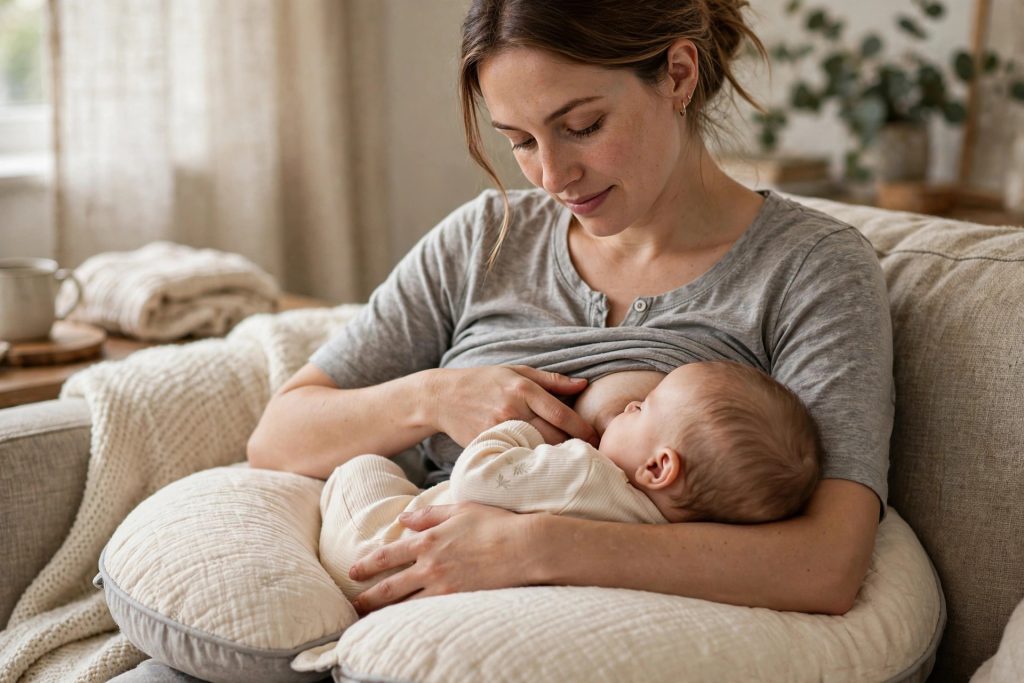 Mother nursing her baby with a supportive nursing pillow