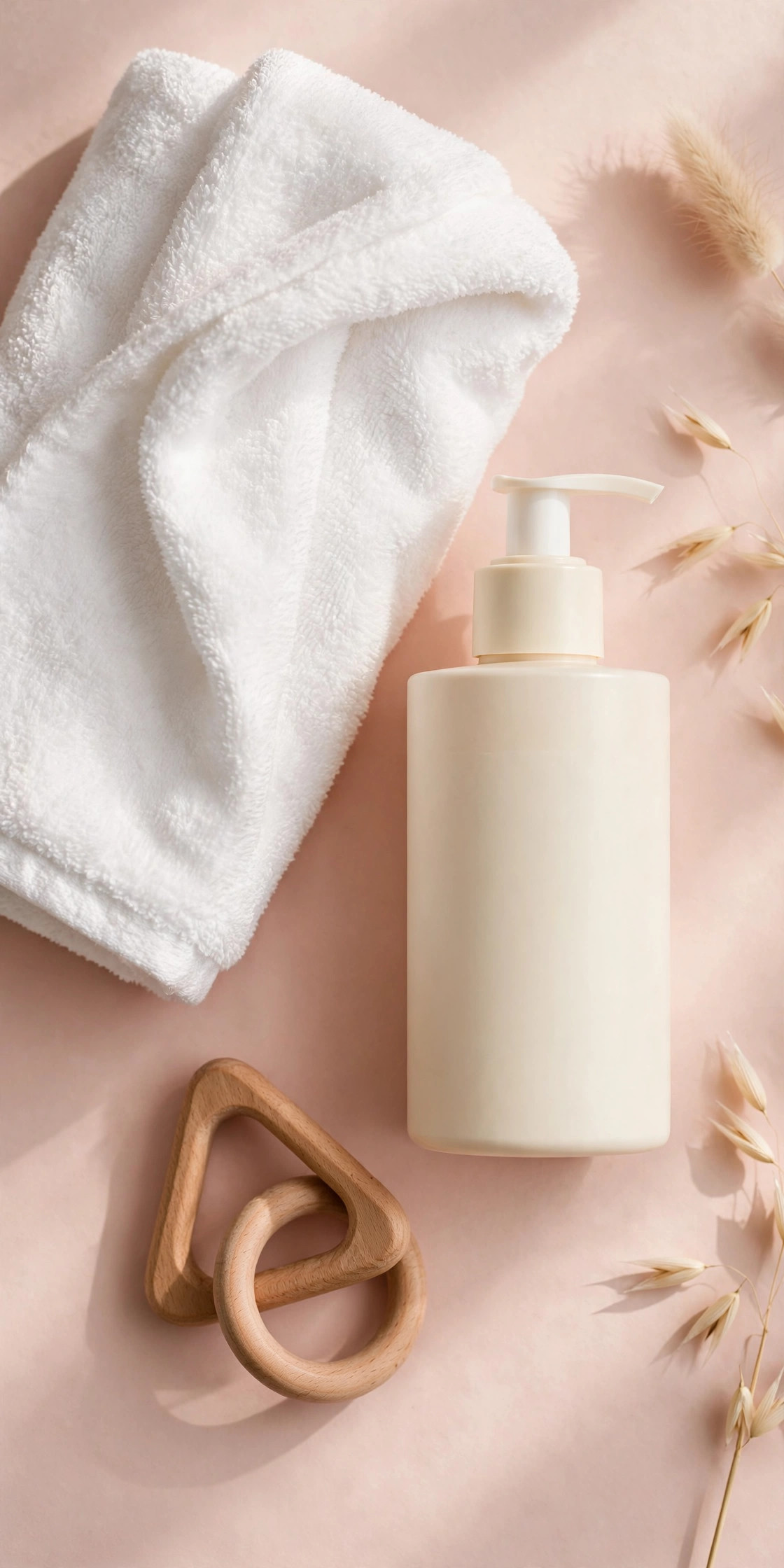 Baby care flat-lay on blush background