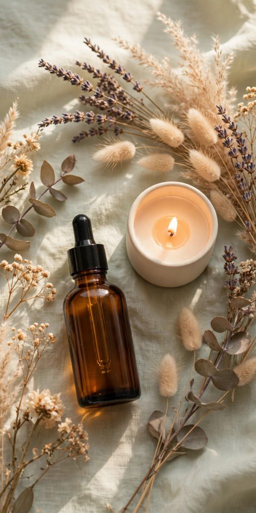 Mother care flat-lay with flowers and candle