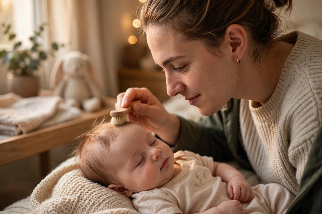 Parent gently brushing a baby's scalp with a soft brush to treat cradle cap