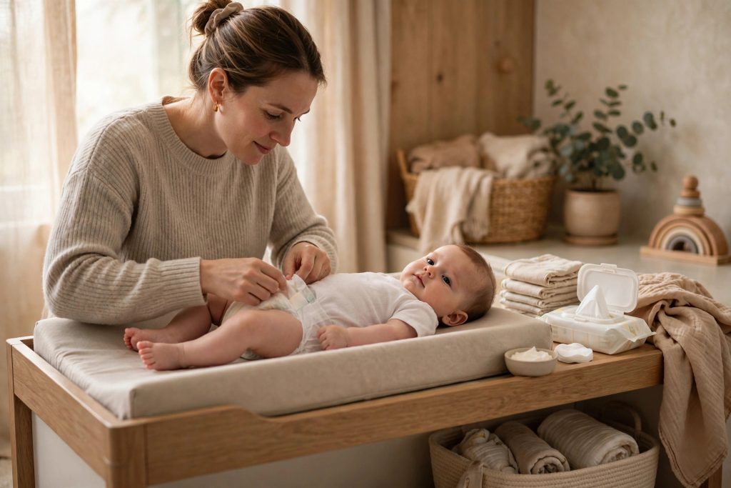 Parent changing a newborn's diaper on a clean, well-organized changing table