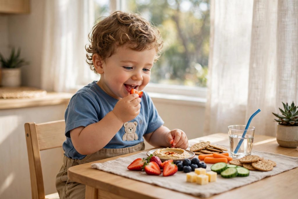 Toddler enjoying healthy snacks at a small table