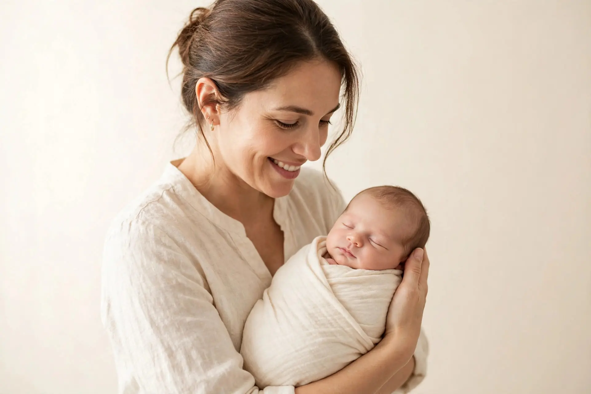 Mother gently holding her newborn baby
