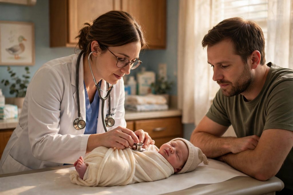 Pediatrician examining a newborn during a checkup