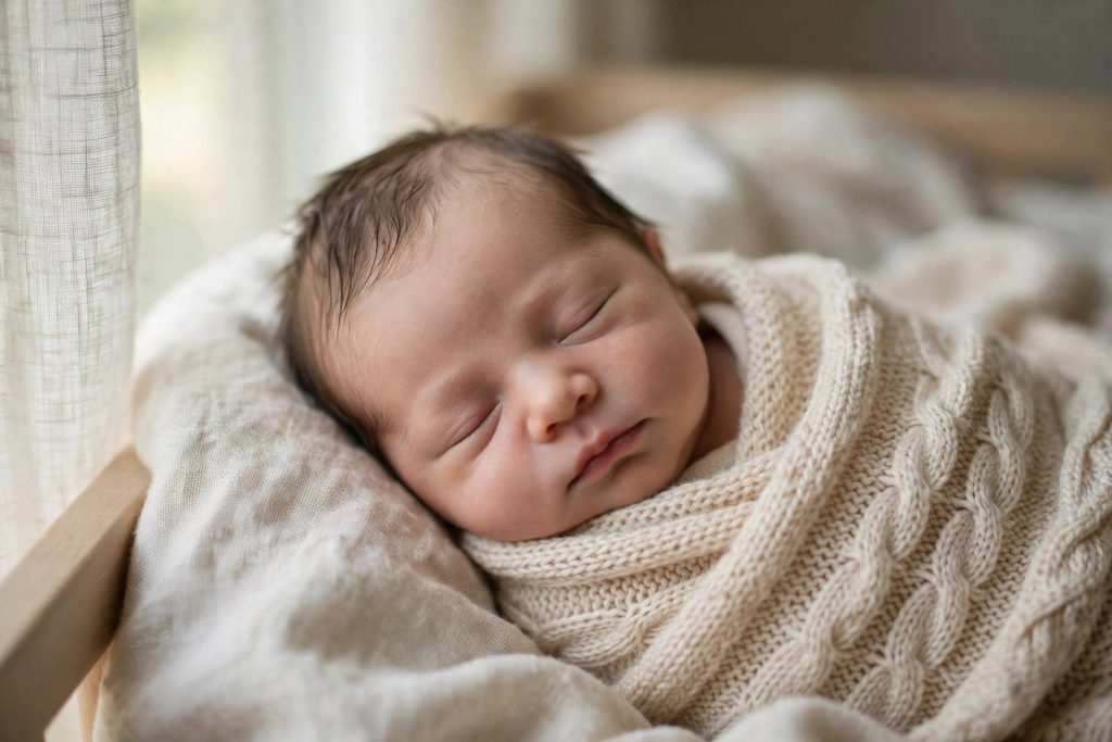 Newborn baby sleeping peacefully in soft daylight