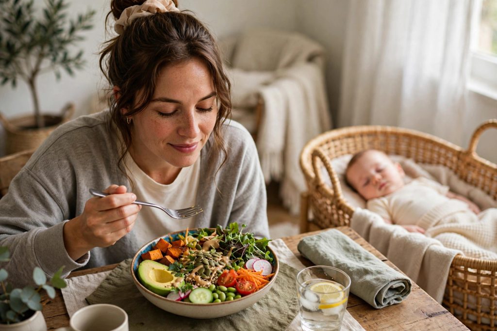 New mother enjoying a nutritious postpartum meal