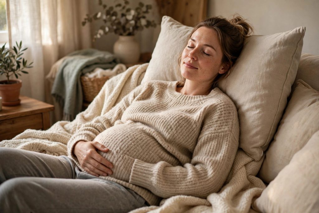 Pregnant woman resting comfortably with back support