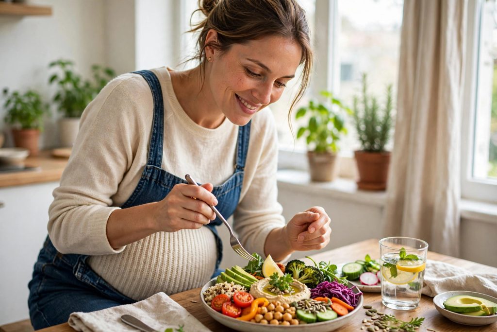Pregnant woman eating a healthy balanced meal