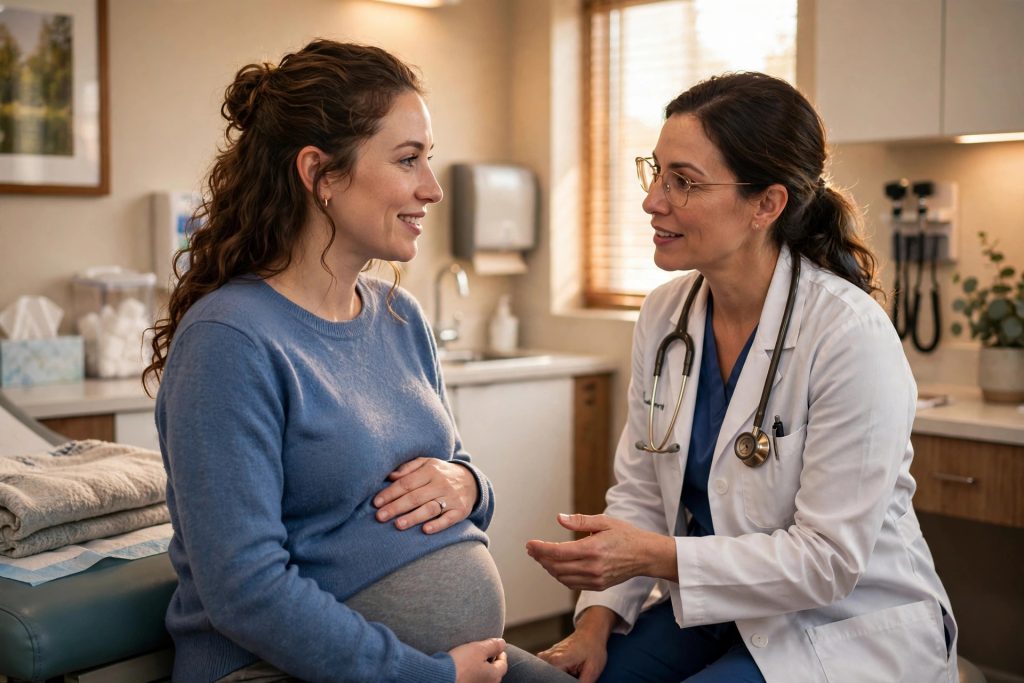Pregnant woman discussing her pregnancy at a prenatal checkup