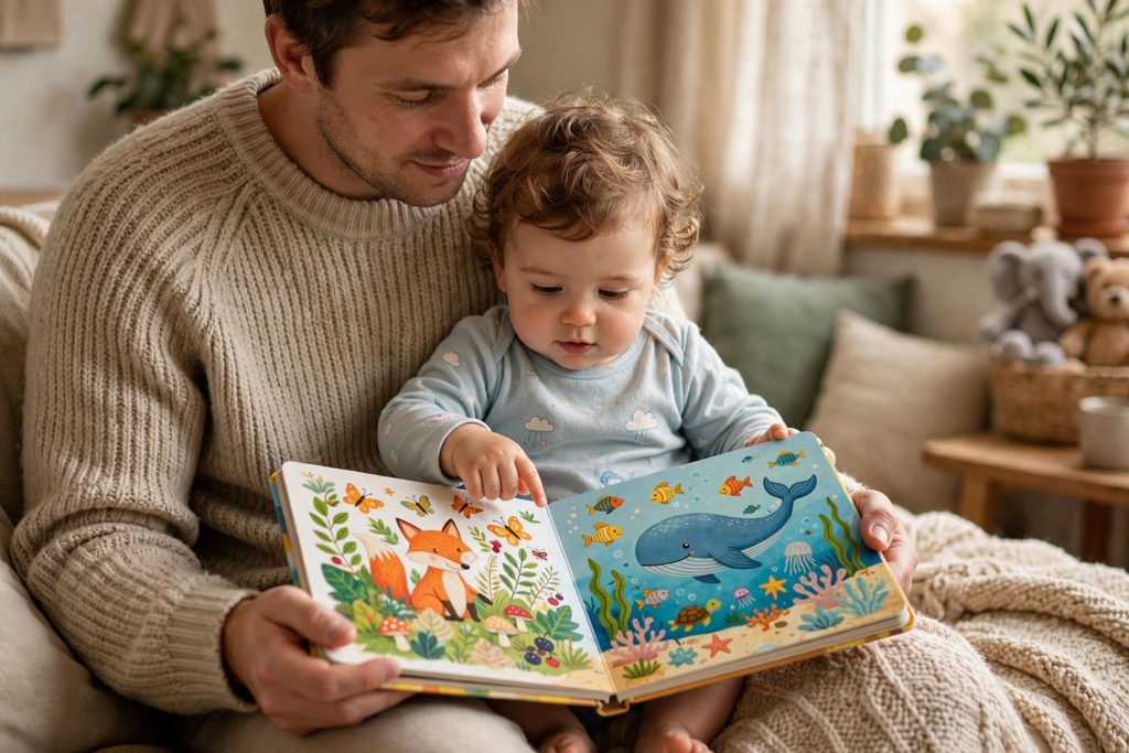 Parent reading a board book to baby for early literacy benefits