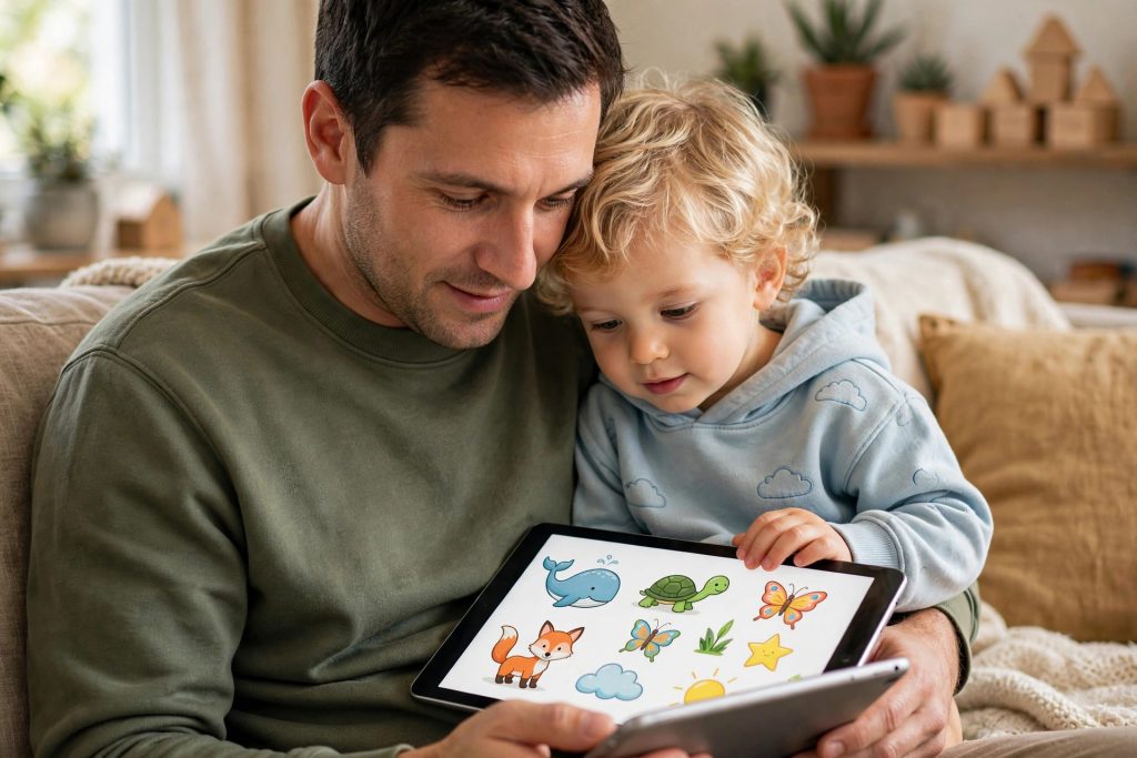 Parent co-viewing educational content with a toddler