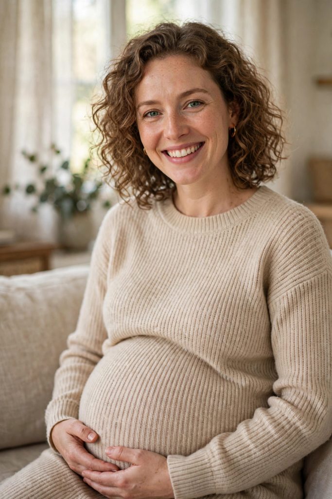 Pregnant woman in her second trimester cradling her baby bump