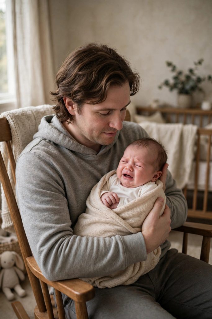 Parent soothing a fussy newborn by gentle rocking