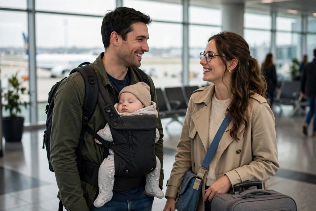 Family traveling with a baby in a carrier at the airport