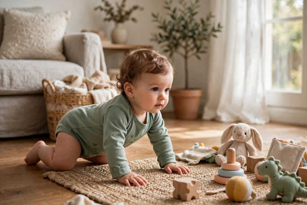 Baby crawling on a rug toward toys during motor milestone development